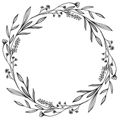 Hand Drawing foliage leaf wreath. Monochrome Laurel Wreath vector design. For Card, wedding invitation and Hand lettering decoration