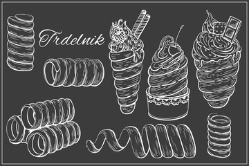 Vector illustration of trdelnik set. Graphic hand drawn engraving style. Traditional national Czech dessert, European street food.