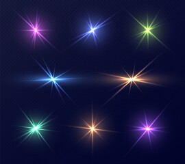 Colorful lens flares set, bright glares with rays. Collection of magic sparks, retro neon lights isolated on a dark background. Transparent vector outburst effect, Christmas decoration.