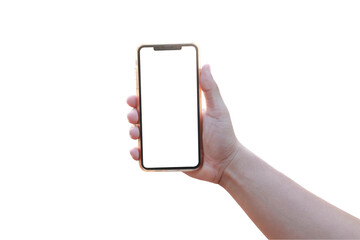 Hand holding smartphone on white background