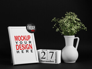 The concept black friday, the advertising frame, flowers and calendar is November 27, on a black background, buisiness promotional mockup.