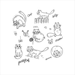Funny cats set in Doodle style. Cute sketch animal. Doodle element. Simple hand drawn vector sketch illustration isolated on a white background