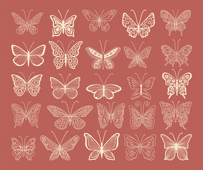 Large set of gold butterflies on a brown background. Luxury design elements, logo, print, tattoo, sticker for cosmetics, skin care, children's clothing or toys company.Boho style, pastel shades