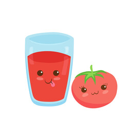 Fruits Natural Juice in smiling funny glass. Vector kawaii drink illustration in cartoon style isolated on white background. Happy Tomato red smoothie. Cute kids illustration. Menu design concept.