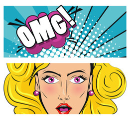 beautiful blond woman with omg word pop art style poster