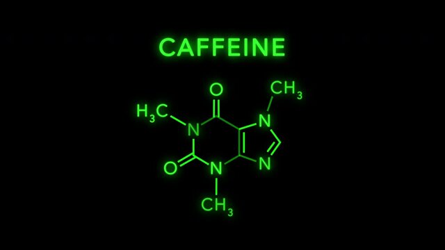 Coffee or Caffeine Molecule Structure Symbol Neon Animation on Black Background