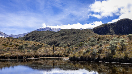 Fototapeta na wymiar Landscape in Los Nevados National Natural Park in Colombia. Nevado de Santa Isabel and Nevado del Ruiz volcano