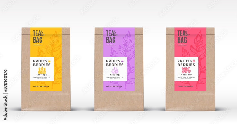 Wall mural craft paper bag with fruit and berries tea labels set. abstract vector packaging design layout with 