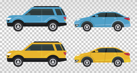 mockup cars colors blue and yellow isolated icons