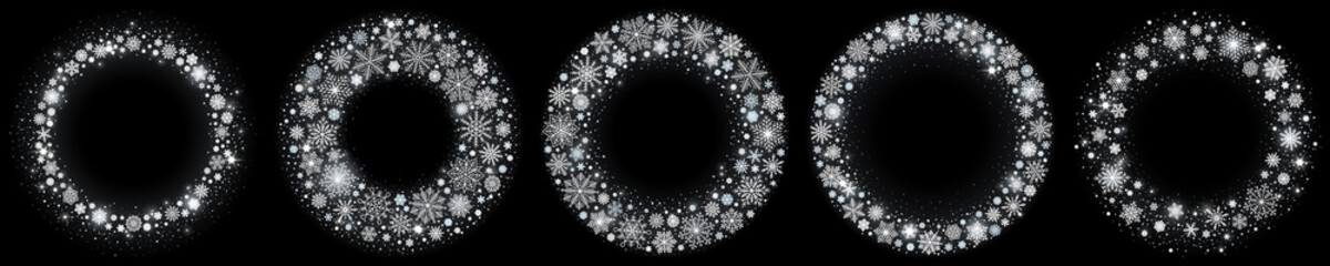 Shiny snowflakes round frames. Round snow border, christmas or  winter background vector set