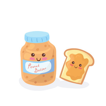 Kawaii Chocolate Peanut Butter Spread Jar & Happy Loaf of White Bread smiling together. Cute funny breakfast sandwich character hand drawn vector illustration in cartoon doodle style. Kids menu design