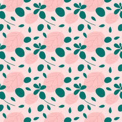 Fototapeta premium Seamless fall pattern with leaves. Romantic pink background with abstract details.