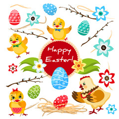 A set of Easter elements. Painted eggs, willow branches, flowers, chicken with cute and funny chickens. Vector images isolated on a white background in cartoon style.