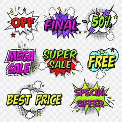 Fototapeta na wymiar Stickers sales, discounts, sales final in a comic style. Spring and summer sales. Pop art on a transparent background, bright stickers in the style of comics. Vector illustration