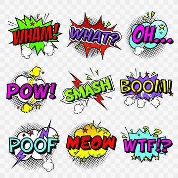 Stickers sales, discounts, sales final in a comic style. Spring and summer sales.
Pop art on a transparent background, bright stickers in the style of comics. Vector illustration