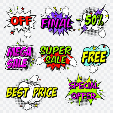 Stickers sales, discounts, sales final in a comic style. Spring and summer sales.
Pop art on a transparent background, bright stickers in the style of comics. Vector illustration