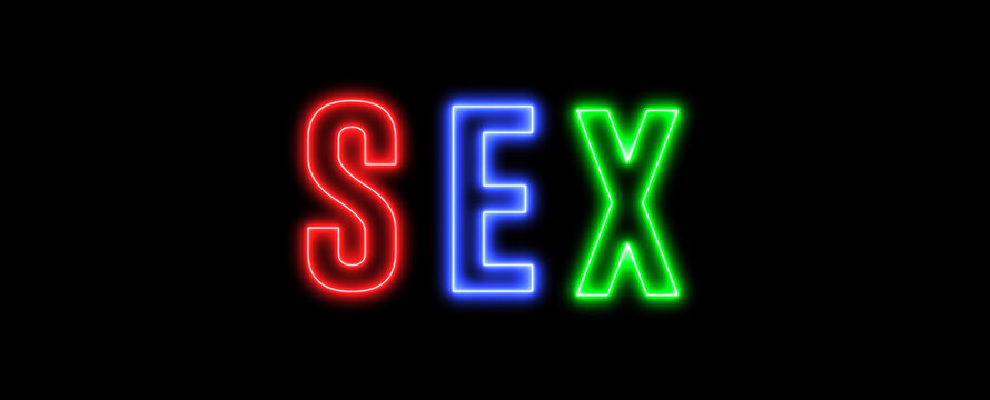 Neon text of "SEX" with colorful letter, rainbow style. Concept of lesbian, gay, bisexual, transsexual and queer.