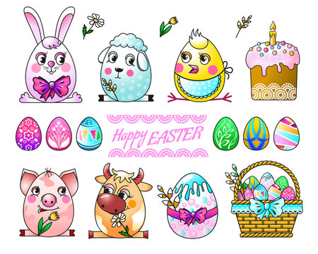 Easter set with a festive cake, eggs and Pets, in the shape of an egg. Bright, festive picture. Vector image on a white background. For making postcards, stickers and prints for the Easter holiday.