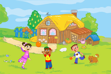 Cartoon farmhouse with children playing in countryside, illustration