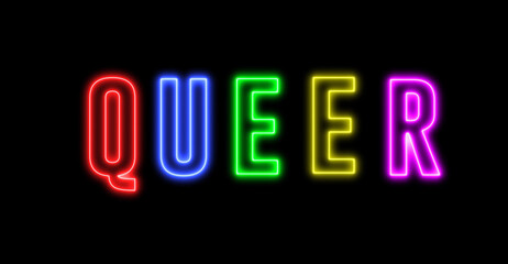 Neon text of "QUEER" with colorful letter, rainbow style. Concept of lesbian, gay, bisexual, transsexual and queer.