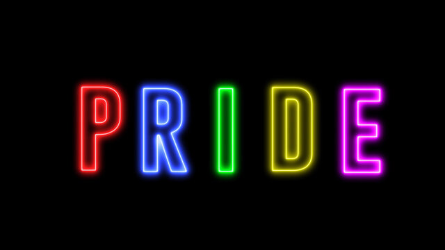 Neon text of "PRIDE" with colorful letter, rainbow style. Concept of lesbian, gay, bisexual, transsexual and queer.