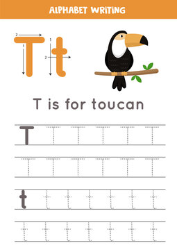 Handwriting practice with alphabet letter. Tracing T.