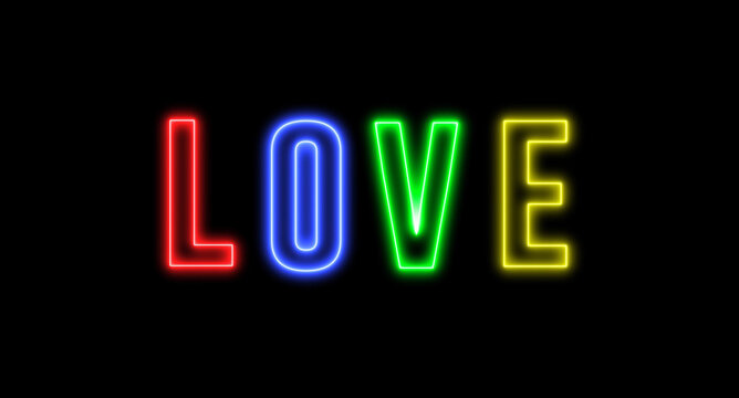 Neon text of "LOVE" with colorful letter, rainbow style. Concept of lesbian, gay, bisexual, transsexual and queer.