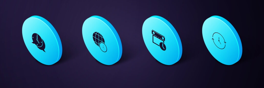 Set Isometric Clock, Calendar and clock, World time and speech bubble icon. Vector.