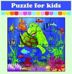 Puzzle game for kids. Fish in the sea. Education worksheet. Color activity page. Riddle for preschool. Isolated vector illustration. Cartoon style.