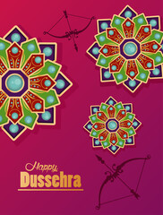 happy dussehra celebration card with archs and mandalas