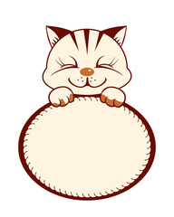 A kitten with paws holds a circle for writing. Template for any label in the circle. Vector image isolated on a white background