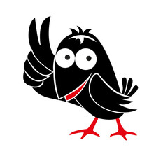 Funny crow, and shows the gesture of victory. Cartoon style. Vector image isolated on a white background