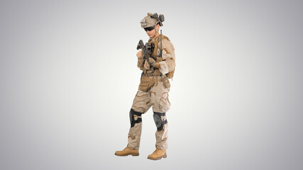 United states Marine Standing And Talking on gradient background