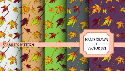 Vector illustration.
Set of seamless backgrounds. Autumn decor. Maple leaves. Orange and yellow autumn leaves.