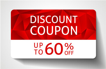 Discount coupon with abstract red polygon background, geometric poly pattern (triangle texture) and sale text: up to 60% off. Design template useful for promotion, shopping card, business or gift card