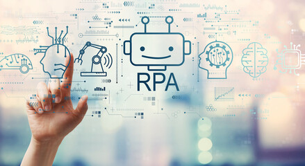 Robotic Process Automation RPA theme with hand pressing a button on a technology screen