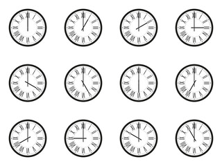 Set of analog wall clocks with black frame and hands. Flat style vector illustration. Simple classic round wall clock with roman numbers isolated on white background