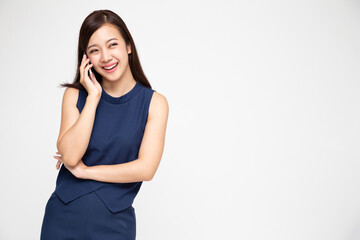 Asian woman smiling while talking on the phone isolated on white background, Phone conversation concept