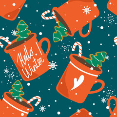 Gingerbreads, biscuits, cups of cocoa, candy canes, hand drawn overlapping background. Colorful seamless pattern vector, food. Decorative cute wallpaper, good for printing. Christmas fir trees, snow - 378165727