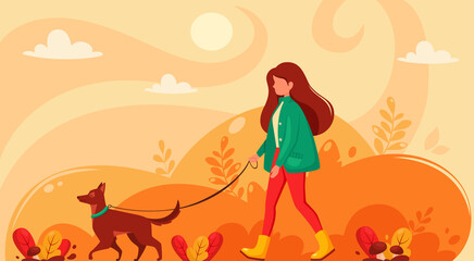 Woman walking with dog in autumn. Autumn park. Vector illustration in flat style.