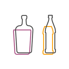 Simple line shape of liquor and beer bottle. One contour figure of a bottle, the second drink. Outline symbol whisky dark color. Sign liquid color. Isolated flat illustration on a white background