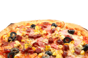 Tasty pizza with chicken meat isolated on white background