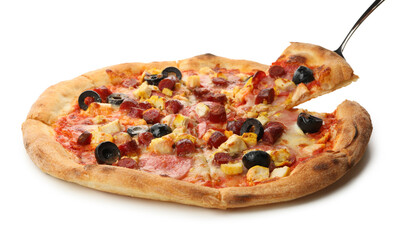 Tasty pizza with meat isolated on white background