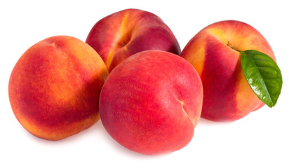 peach fruits with green leaf isolated on white background. full depth of field