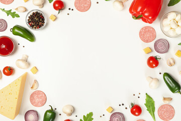 Ingredients for cooking pizza on white background, space for text