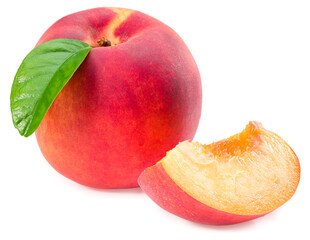 peach fruit with green leaf and slices isolated on white background. full depth of field