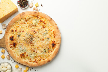 Cheese pizza and ingredients on white background
