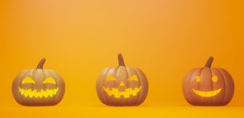 Halloween pumpkin concept image. jack o lantern on a simple orange background space. 3D rendering.