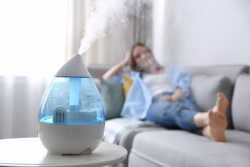 Modern air humidifier and blurred woman resting on background