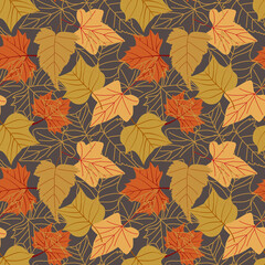 Seamless pattern with autumn leaves with line style Vector illustration background